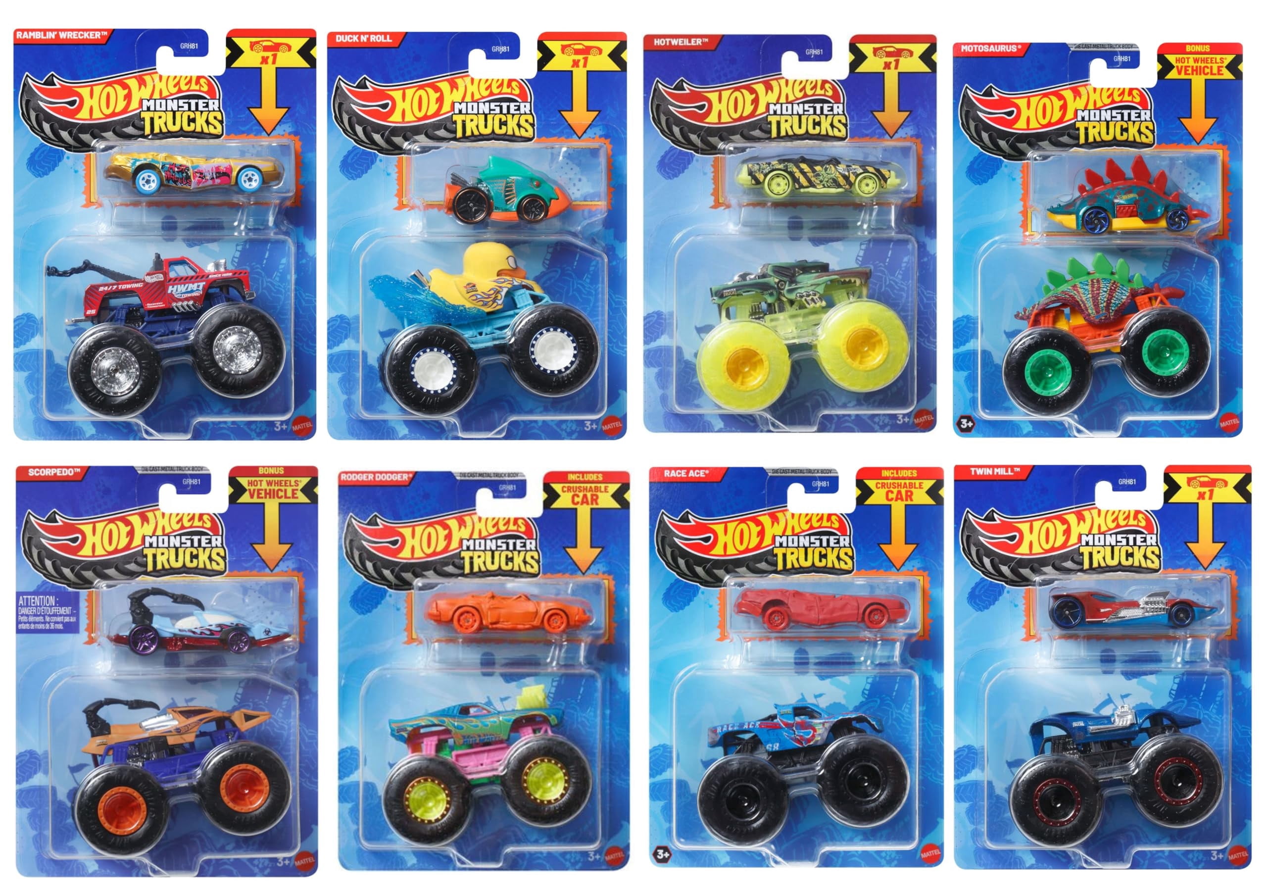 Hot Wheels Monster Trucks 8-Pack with Bonus Cars, GRH81-999R Bundle, Ages 3+