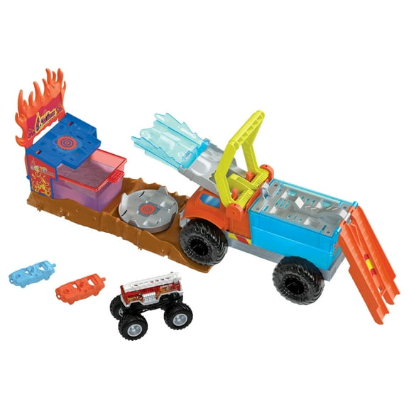 Hot Wheels Monster Trucks Arena Smashers Color Shifters 5-Alarm Rescue Playset, Fire Truck Crash Toy
