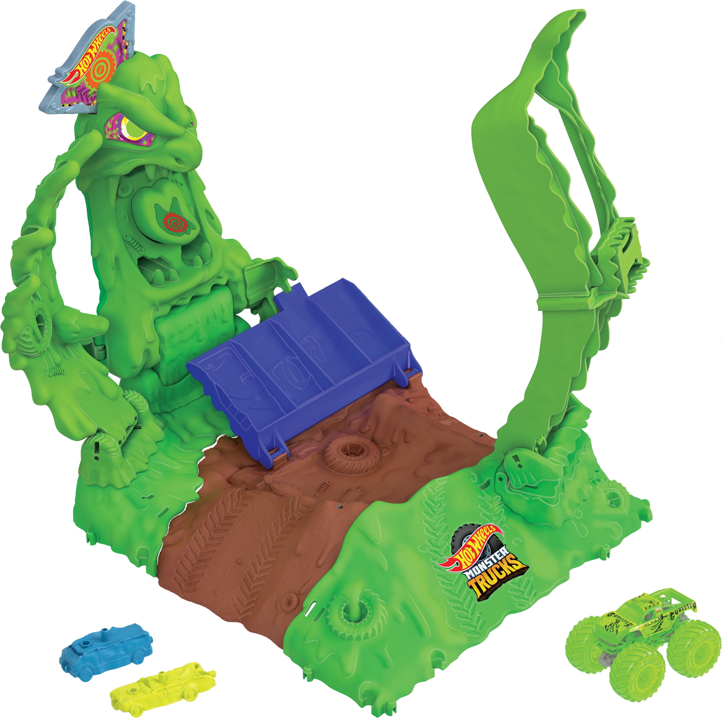 Hot Wheels Monster Trucks Arena Smashers Glow-in-the-Dark Gunkster Set & 1 Glow-in-the-Dark Toy Truck