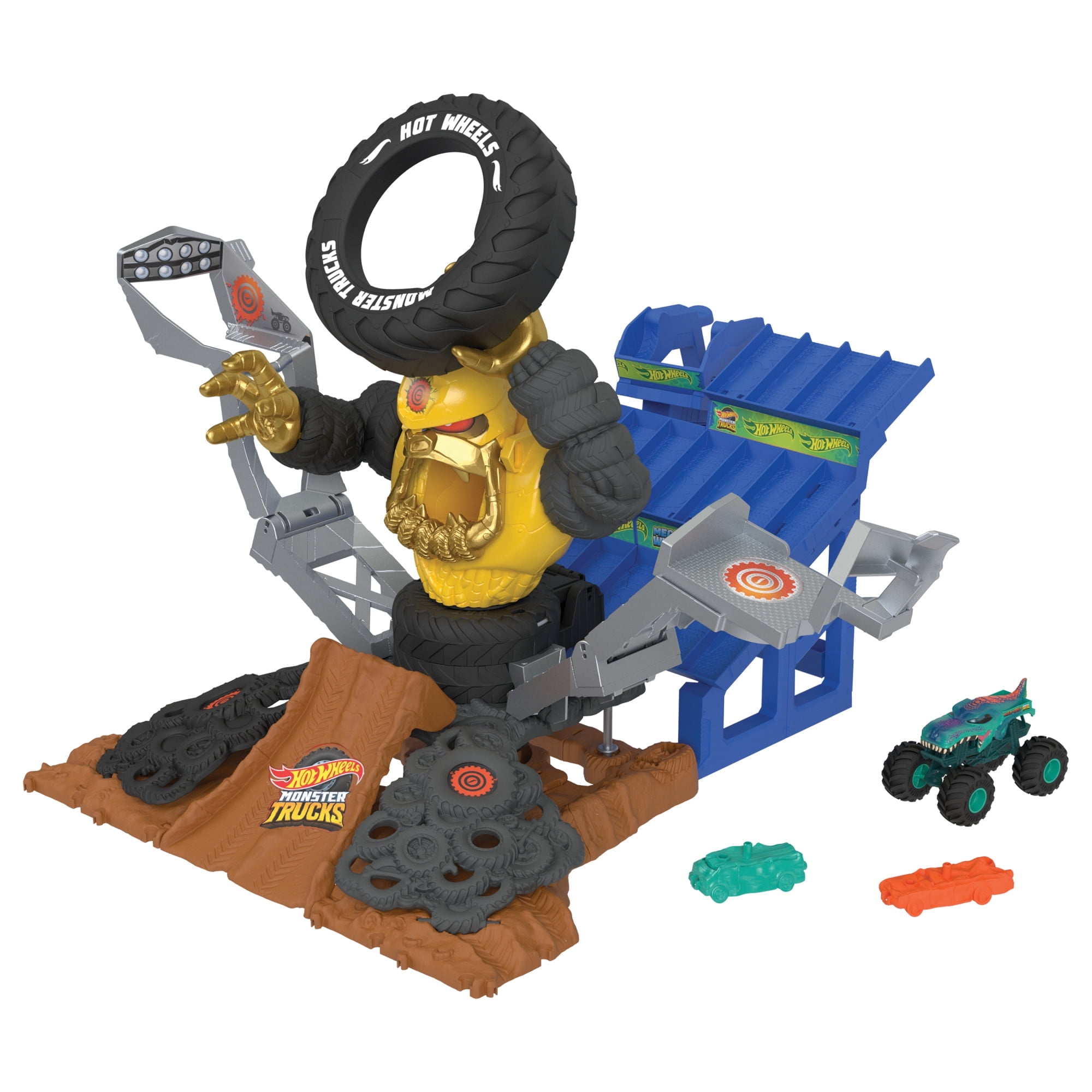 Hot Wheels Monster Trucks Arena Smashers Mega-Wrex Vs. Crushzilla Takedown Playset, 23.62 in
