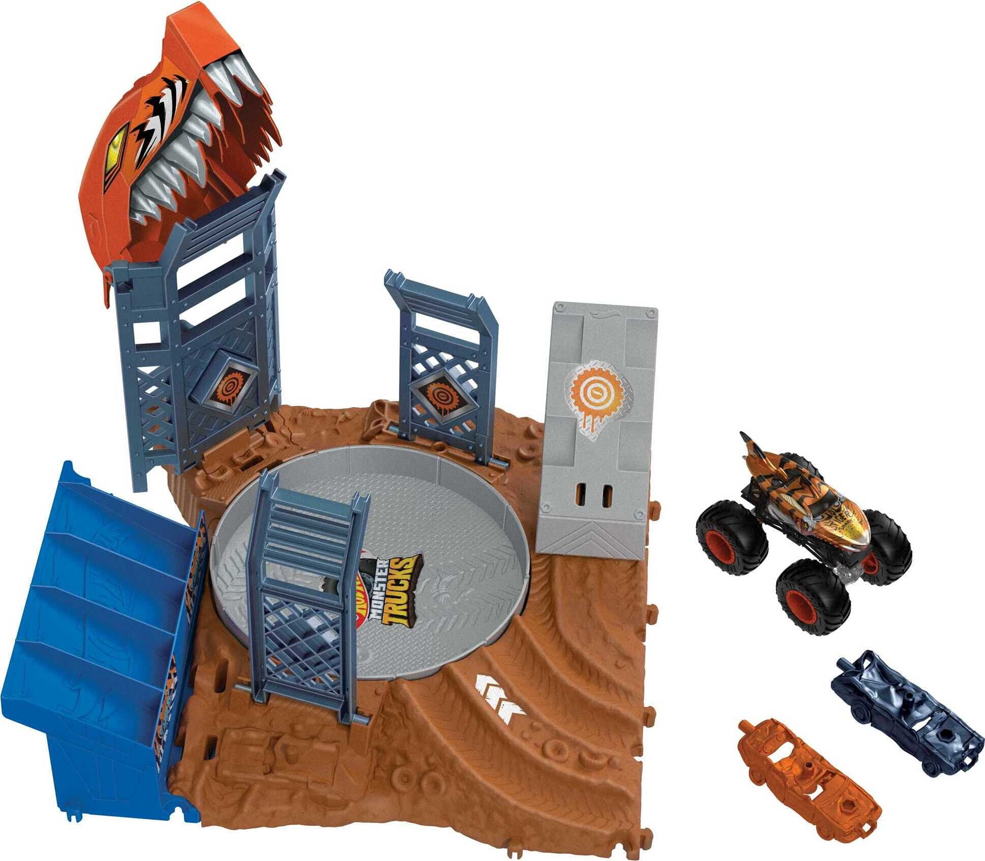 Hot Wheels Monster Trucks Arena Smashers Tiger Shark Spin-Out Challenge  with 1 Toy Truck