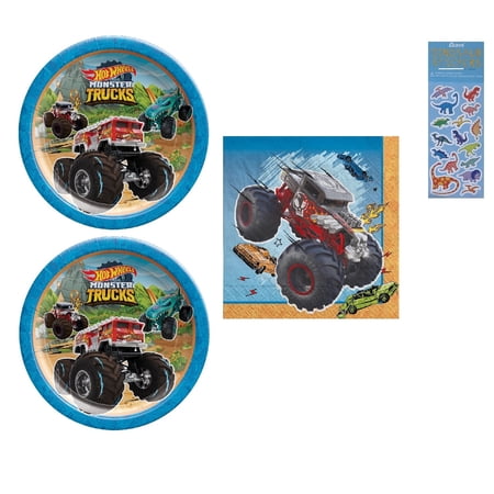 Monster Trucks Birthday Party Supplies Bundle includes 16 Paper Plates 9", 16 Paper Napkins 6.5", 1 Dinosaur Sticker Sheet