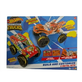 Hot Wheels Monster Trucks Build & Customize Metal Construction Kit, 2 Truck Set (Tiger Shark & Demo Derby), DIY Assembly Toy, Ages 6+