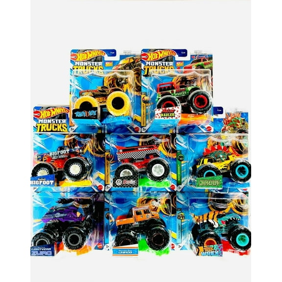 Hot Wheels Monster Trucks Connect and Crash Car Complete Set of 8 Diecast Vehicles with Tiger Wrex, Bigfoot, Unimog, Motosaurus, Melon Mauler and More from FYJ44-995H