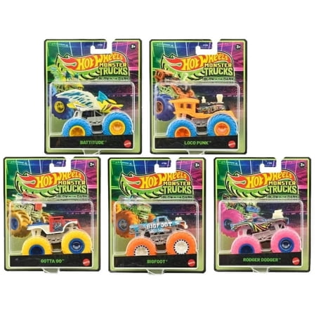 Hot Wheels Monster Trucks Glow in The Dark Collection, Bigfoot, Rodger Dodger, Loco Punk, Gotta Go, Battitude, Die-Cast Vehicles, Ages 3+, 5 Pack JFX08-979B