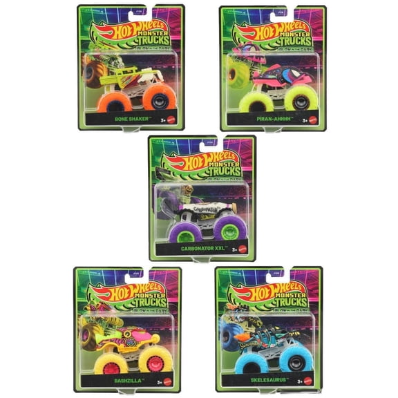 Hot Wheels Monster Trucks Glow in The Dark Collection, Piranh-Ahhhh, Bashzilla, Boneshaker, Skelesaurus, Carbonator XXL, Die-Cast Toy Vehicles, Ages 3+, 5 Pack JFX08-979C