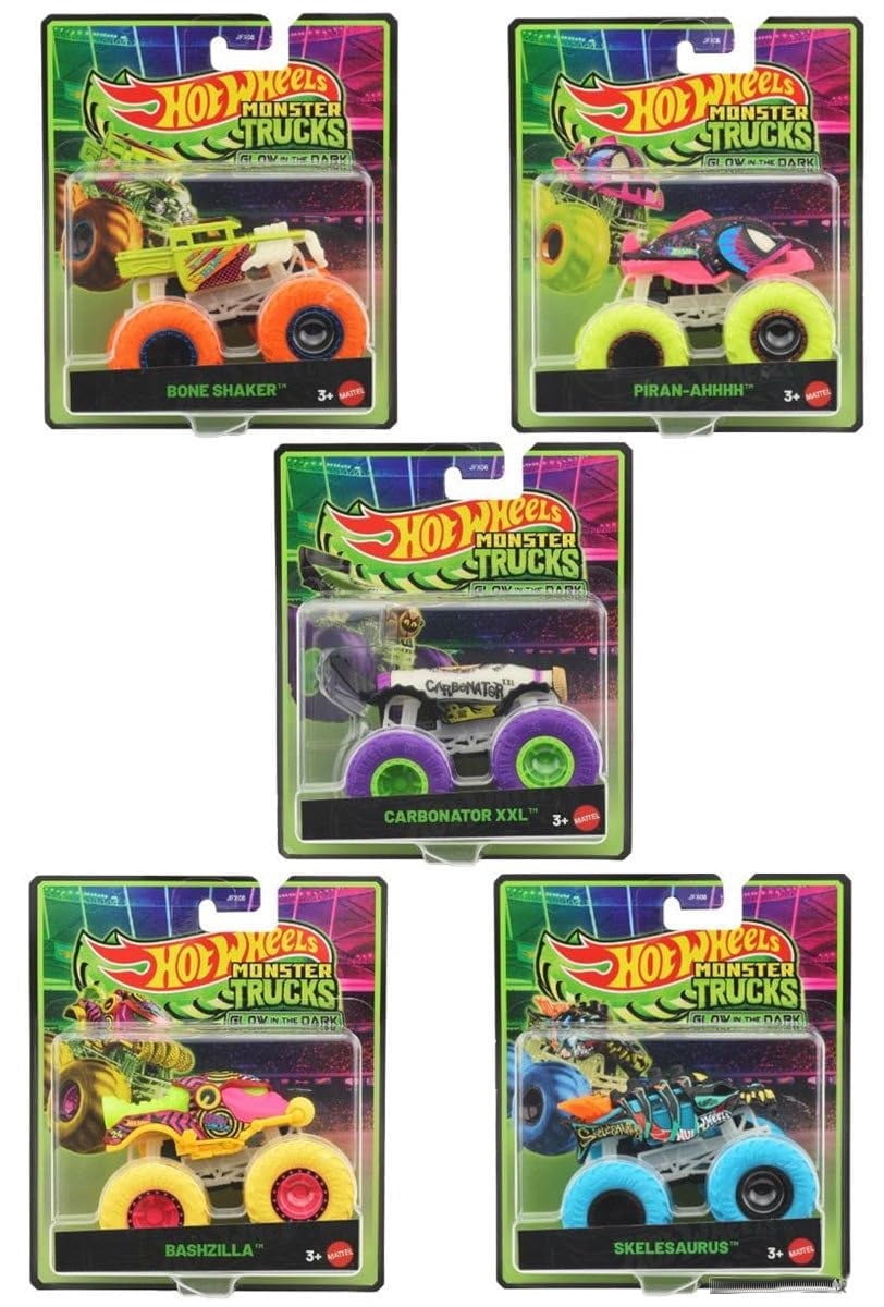 Hot Wheels Monster Trucks Glow in The Dark Collection, Piranh-Ahhhh, Bashzilla, Boneshaker, Skelesaurus, Carbonator XXL, Die-Cast Toy Vehicles, Ages 3+, 5 Pack JFX08-979C