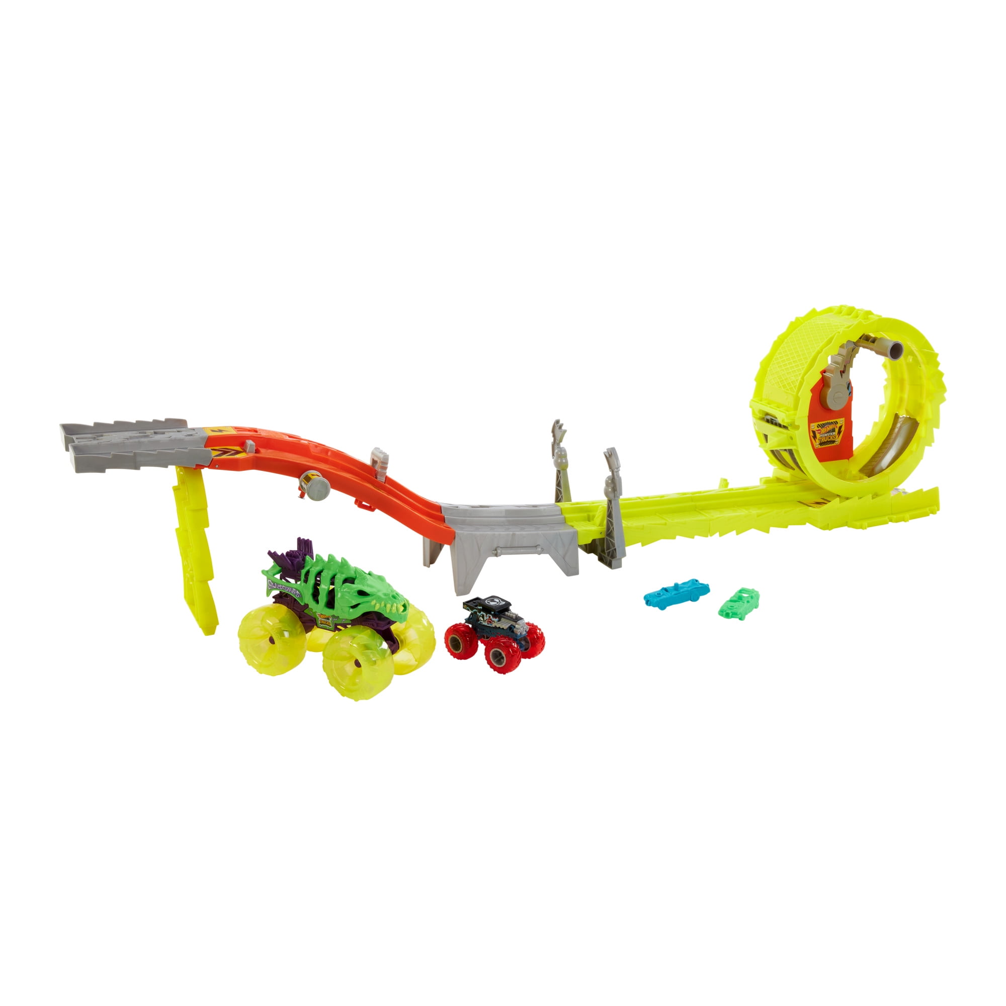 Hot Wheels Monster Trucks Power Smashers Charge & Chase Challenge track set with Oversized Skelesaurus, 1:64 Scale Bone Shaker & 2 Crushed Cars