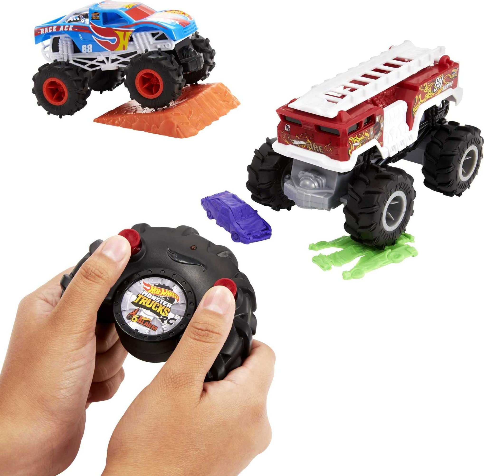 Remote Wheel Engine Hot Wheels Monster Trucks RC 2-Pack, Set with Race Ace & HW 5-Alarm in ...