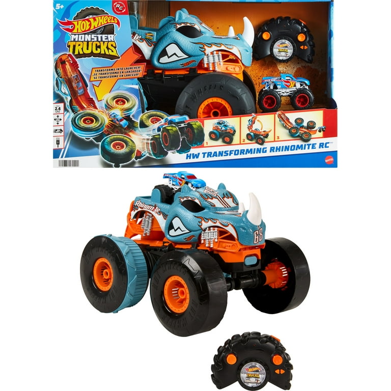 Hot Wheels Monster Trucks RC Rhinomite Transforms into Launcher, Includes  1:64 Scale Toy Truck 