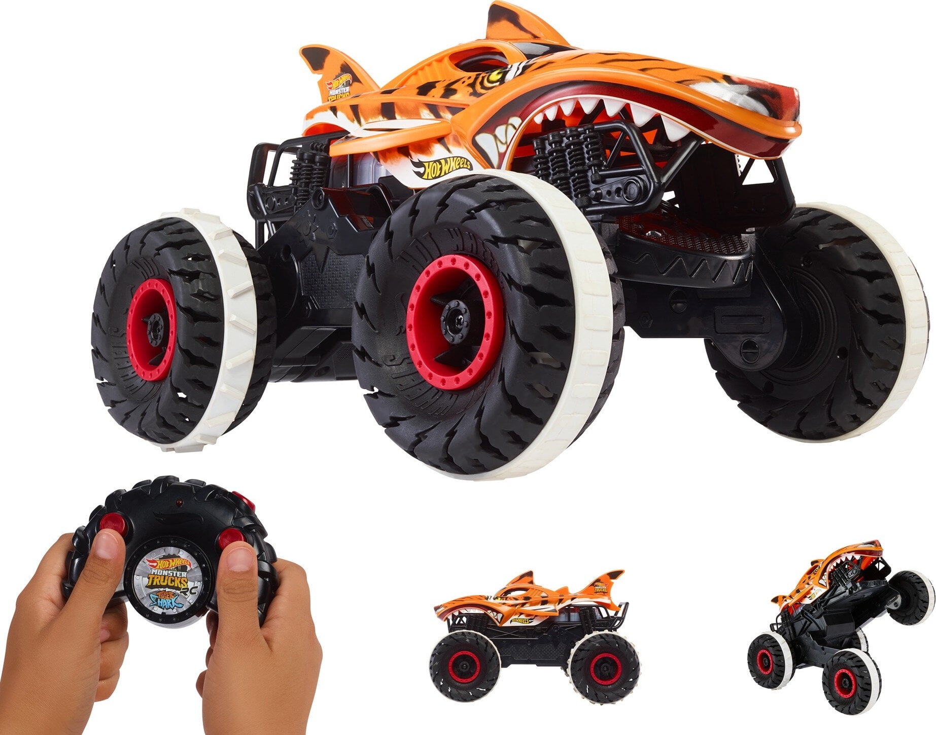 Hot Wheels Monster Trucks Remote Control Car 1 15 Scale Tiger Shark RC with  All-Terrain Wheels