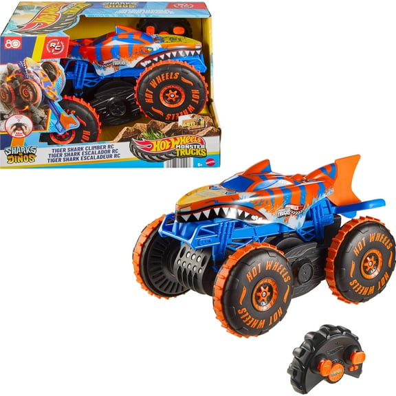Hot Wheels Monster Trucks Remote Control Toy Vehicle, Large-Scale RC Tiger Shark Climber with 3 Modes of Play for Racing, Climbing & Stunting