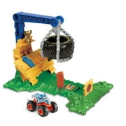 Hot Wheels Monster Trucks Rhinomite Chargin’ Challenge Playset with 1 Toy Truck & 2 Crushed Cars