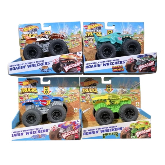 Hot Wheels Monster Trucks Roarin' Wreckers 4-Pack Bundle, Mega Wrex, Ages 3+ HDX60-956K