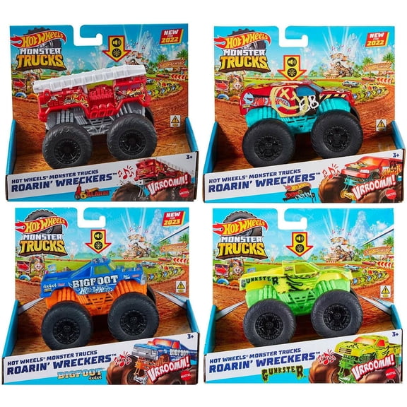 Hot Wheels Monster Trucks Roarin' Wreckers, Red and Blue Monster Truck Toys with Sound Effects, Ages 3+, 4-Pack HDX60-956H