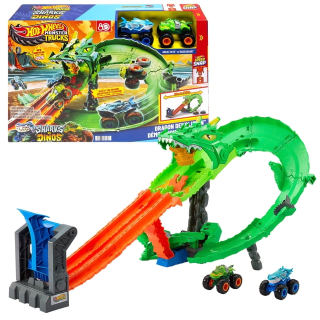 Hot Wheels Monster Trucks Sharks vs. Dinos Dragon Destruction Playset & 2 Toy Trucks