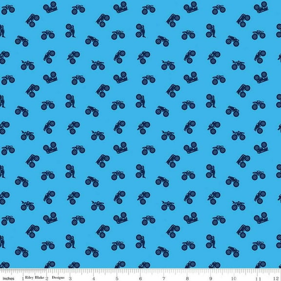 Hot Wheels Monster Trucks Silhouette Blue Cotton Fabric