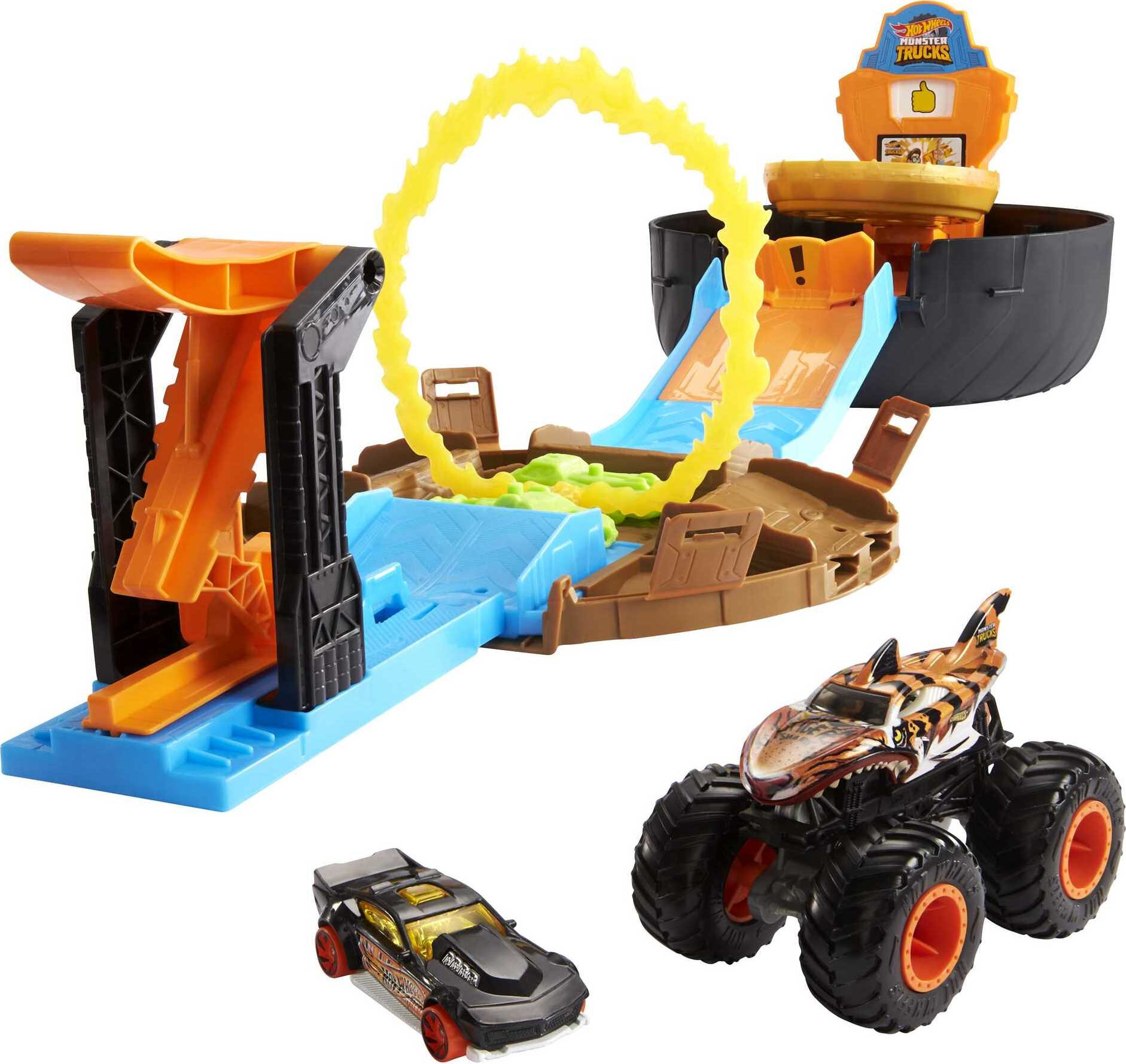 Hot Wheels Monster Trucks Stunt Tire Playset with 1:64 Scale Toy Car & Tiger Shark Truck - image 1 of 7