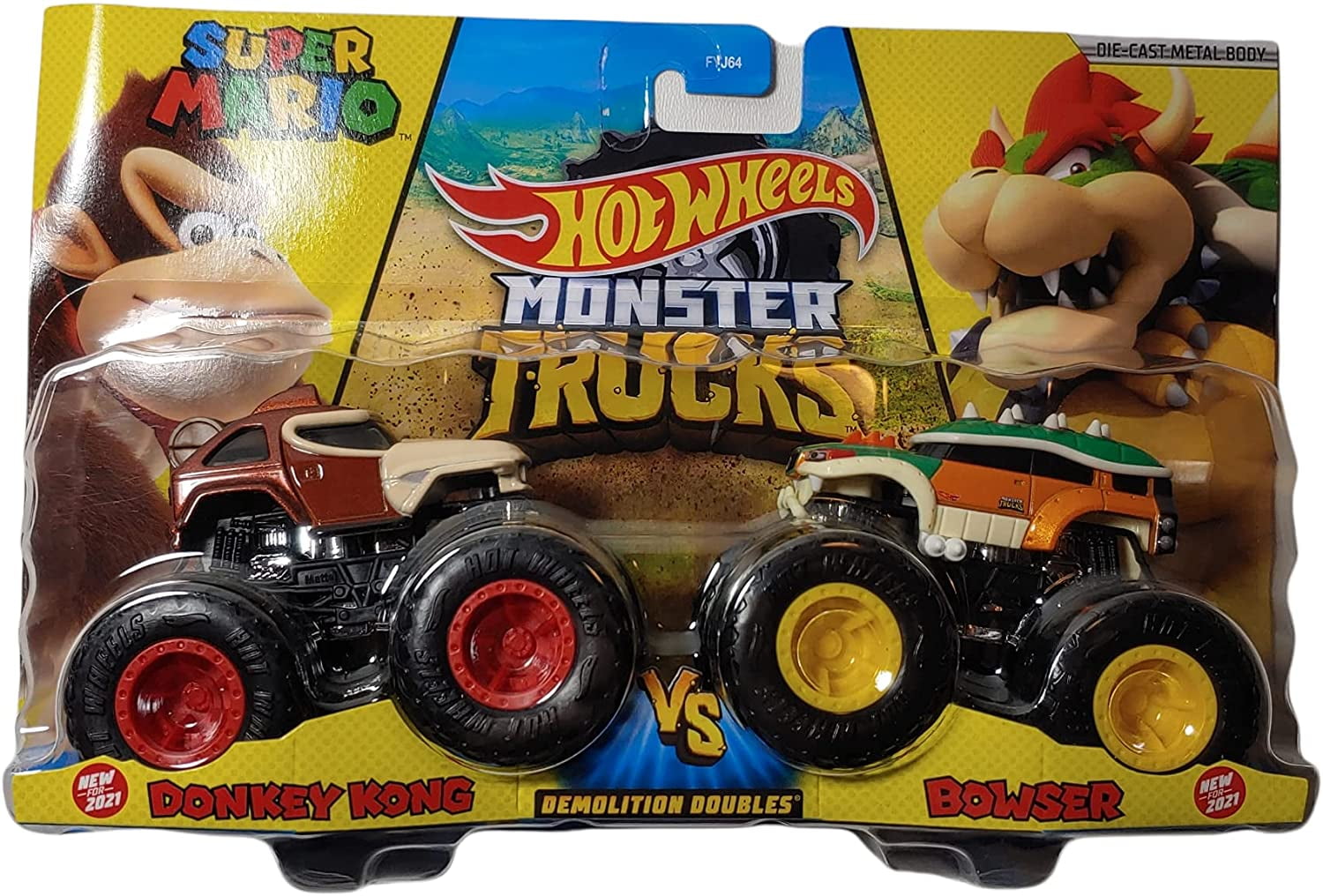 Hot Wheels Monster Trucks Super Mario Donkey Kong vs Bowser 1:64 Scale  Demolition Doubles 2-Pack