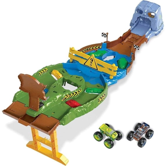Hot Wheels Monster Trucks Wreckin' Raceway with 2 Toy Trucks: Bigfoot & Gunkster, Head-To-Head Race with Obstacles