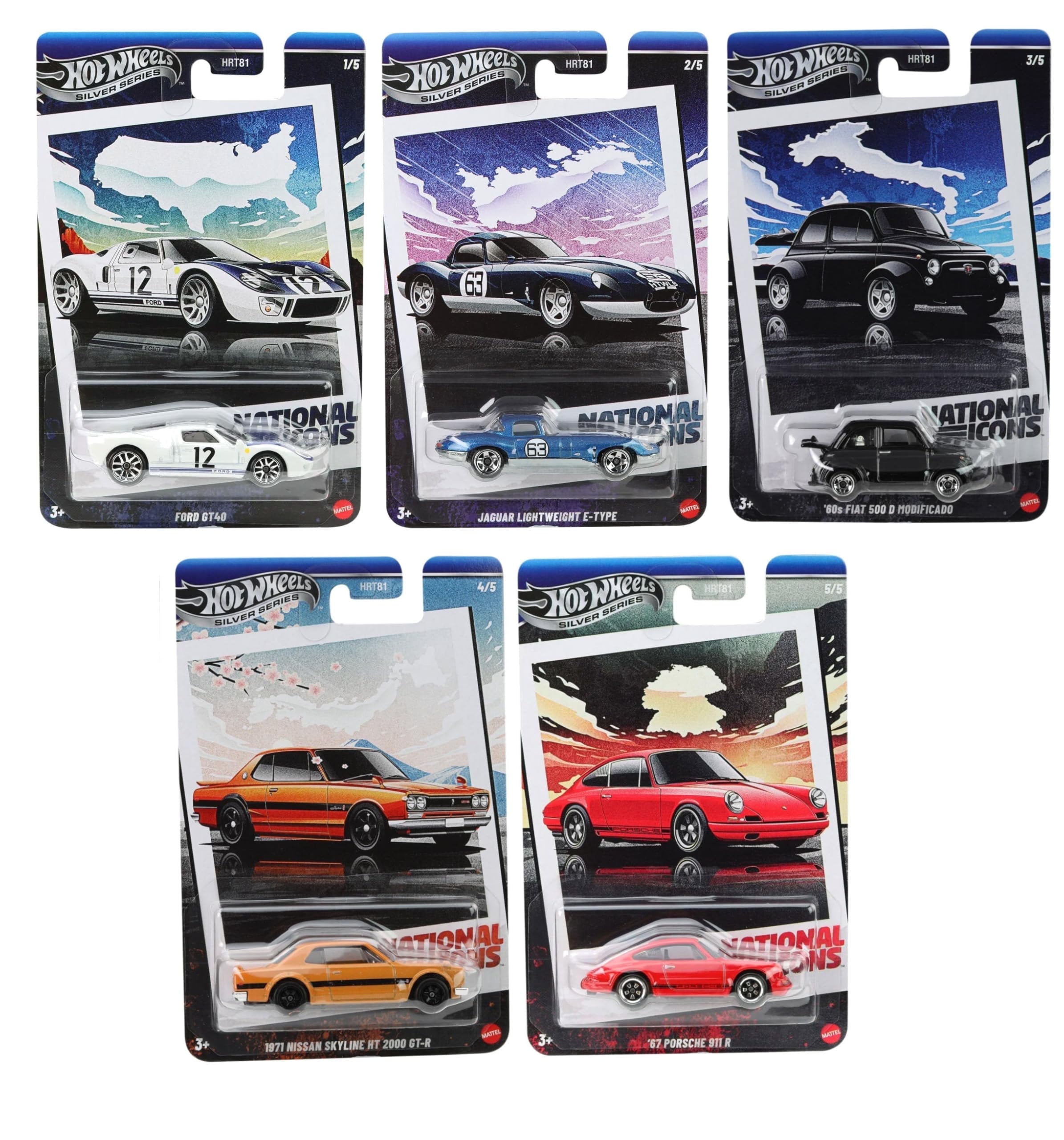 Hot Wheels National Icons Collection, Silver Series, Set of 5 Die-Cast Cars, Ford GT40, Jaguar E-Type, Fiat 500, Nissan Skyline GT-R, Porsche 911 R HRT81-956G