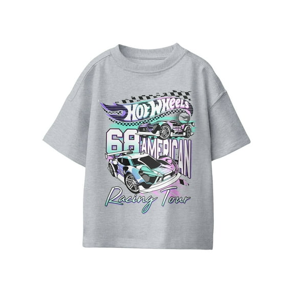 Hot Wheels Neon American Racing Tour Boys Graphic Short Sleeve T-Shirt (Sport Grey, S-XL)