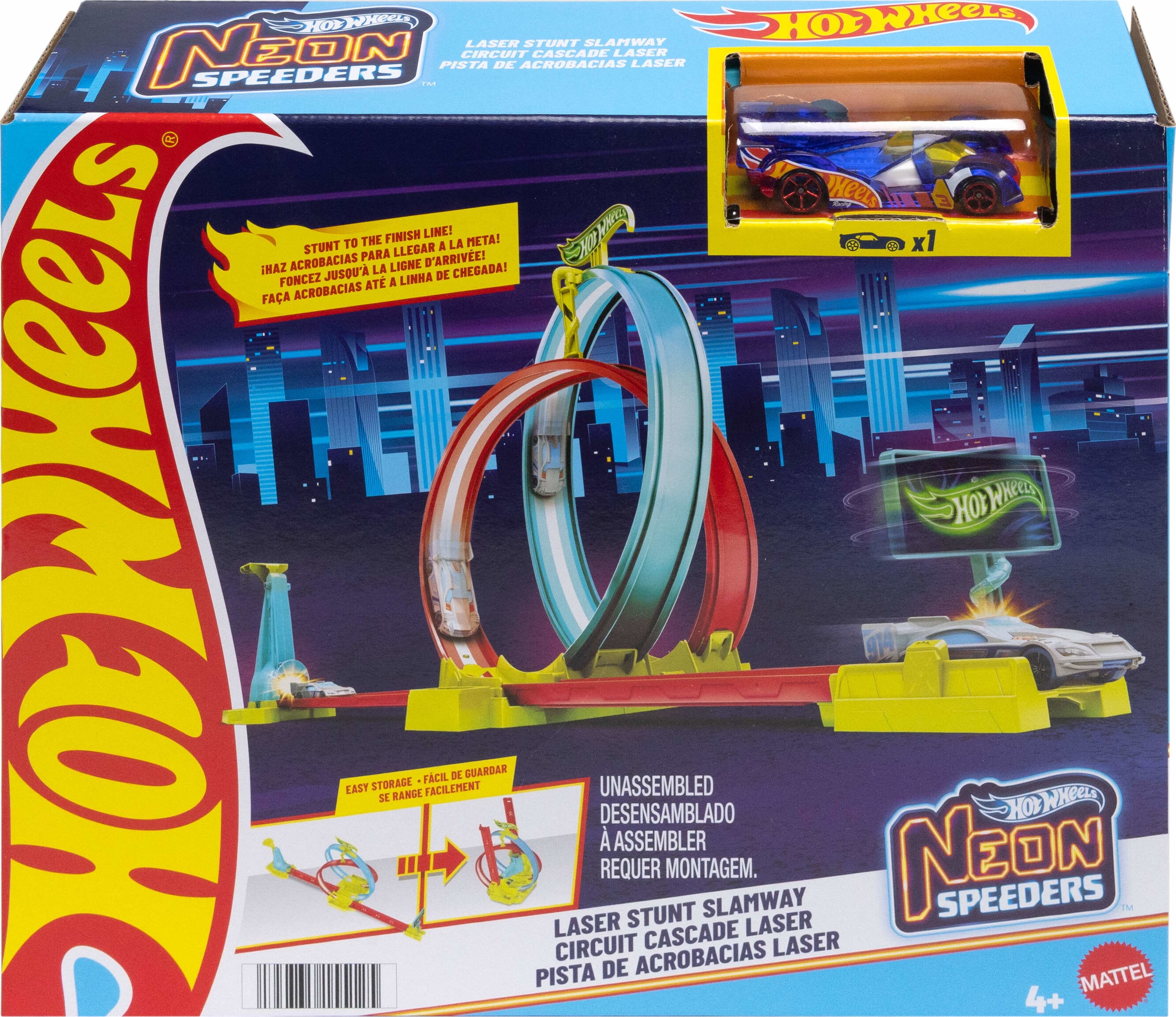 Hot Wheels Neon Speeders Track Set, Laser Stunt Slamway with 1 Car, Tri-Colored Track, Easy Storage