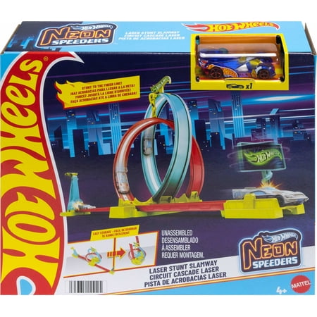 Hot Wheels Neon Speeders Track Set, Laser Stunt Slamway with 1 Car, Tri-Colored Track, Easy Storage