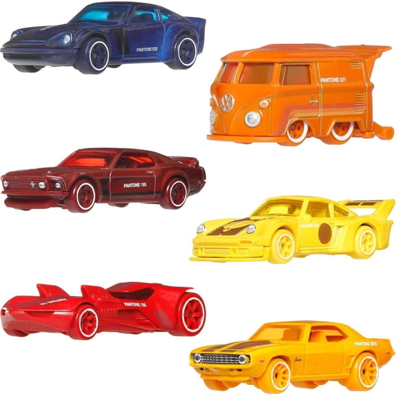 Hot Wheels Pantone Nissan Fairlady Z, '69 Ford Mustang Boss 302, Twin Mill III, Kool Kombi, '69 Copo Camaro & Porsche 934/5 Diecast Car 6-Pack