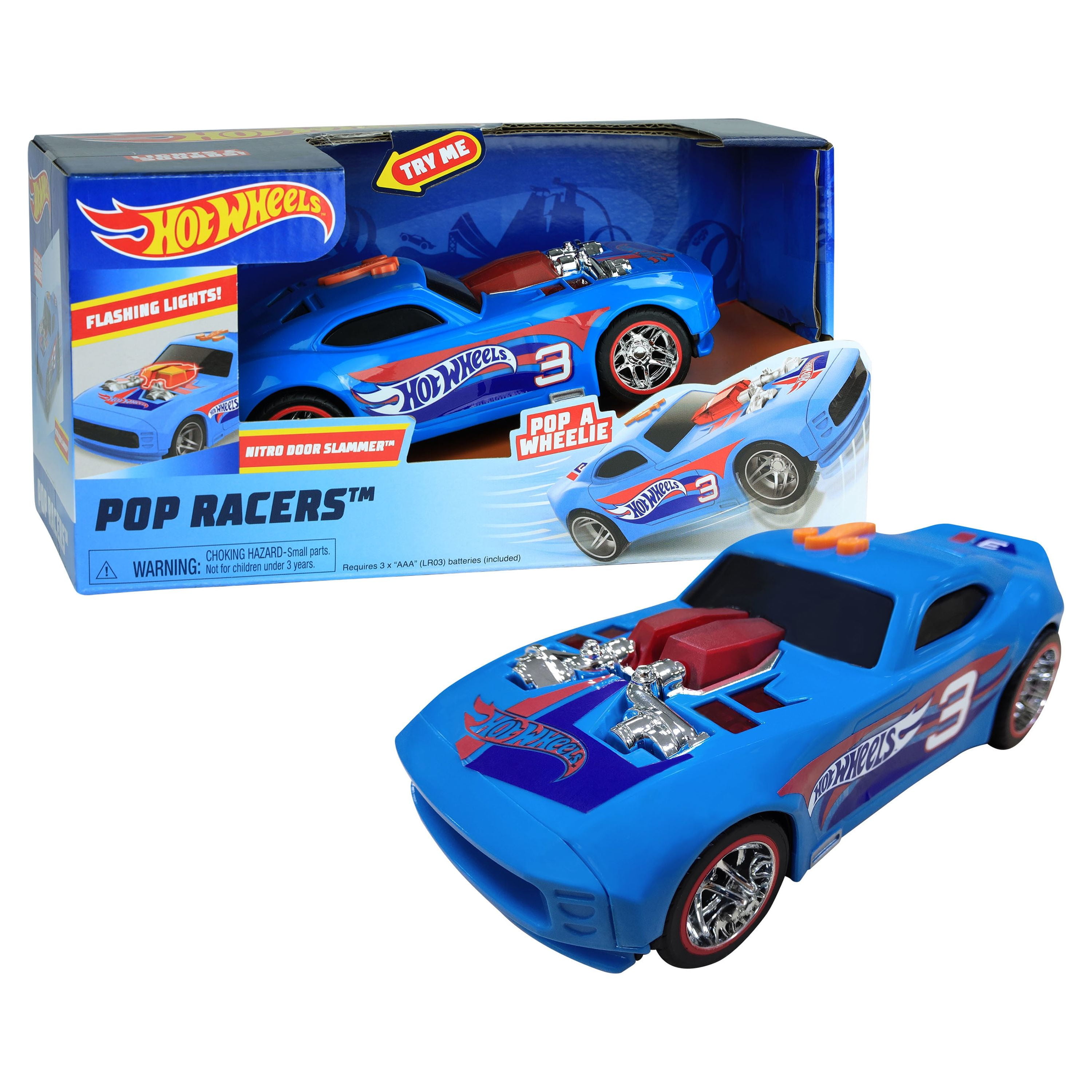 Hot Wheels Pop Racers Nitro Door Slammer, 7-Inch Blue Motorized Vehicle,  Kids Toys for Ages 3 Up, Gifts and Presents
