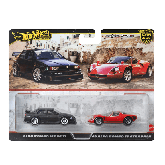 Hot Wheels Premium 2-Pack Assorted 1:64 Diecast Car Set (Model:Alfa Romeo 155 V6 Ti / ‘69 Alfa Romeo 33 Stradale;)