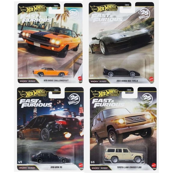 Hot Wheels Premium 25 Years of Fast & Furious Set of 4 Die Cast Cars [1970 Dodge Challenger R/T, 2003 Honda NSX Type-R, 2010 BMW M5 & Toyota Land Cruiser FJ60]
