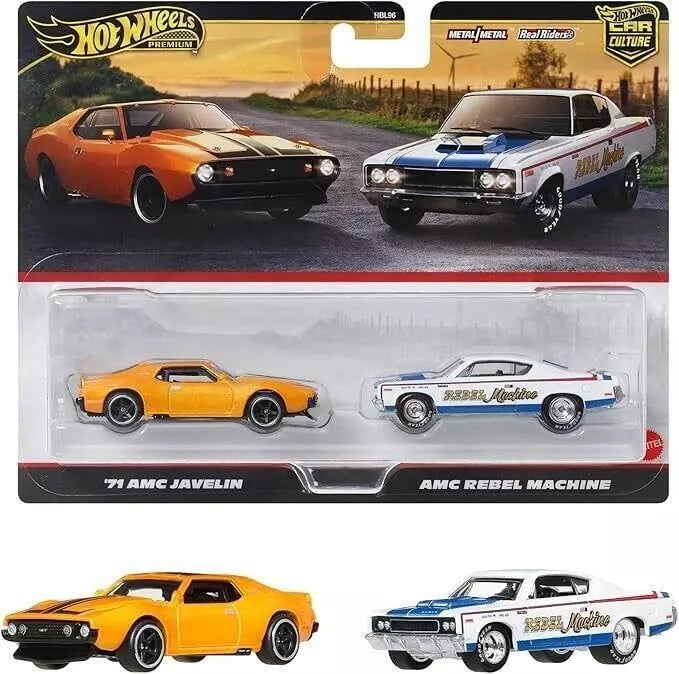 Hot Wheels Premium Car Culture 2 Pack 1:64 Scale, AMC Javelin and AMC Rebel Machine, Real Riders Tires Metal/Metal Chassis Collectors