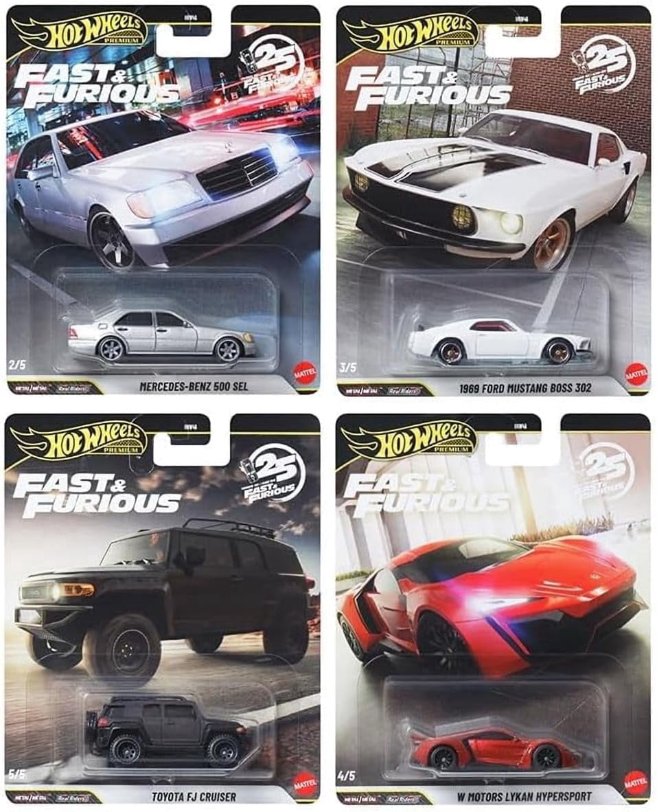 Hot Wheels Premium Fast & Furious 25th Anniversary Die-Cast Cars, Set of 4, Mercedes 500 SEL, Toyota FJ, Lykan Hypersport, Mustang Boss 302, Ages 3+ HNW46-956N