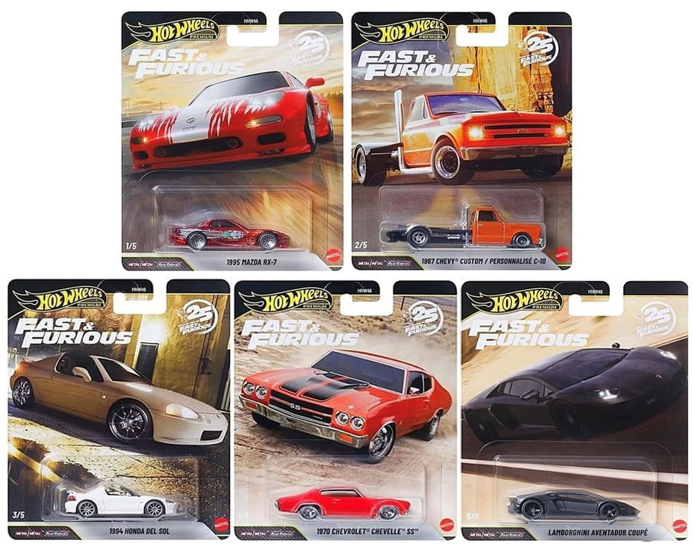 Hot Wheels Premium Fast & Furious 25th Anniversary Die-Cast Cars, Set of 5, Mazda RX-7, Custom Chevy, Chevelle, Honda Del Sol, Lamborgini Aventador,1:64 Scale HNW46-956P
