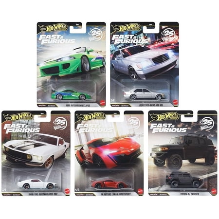 Hot Wheels Premium Fast & Furious 25th Anniversary Die-Cast Cars, Set of 5, Mitsubishi Eclipse, Mercedes 500 SEL, Mustang Boss 302, Lykan Hypersport, Toyota FJ, HNW46-956N