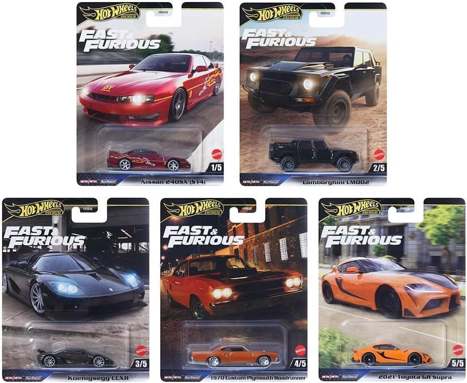 Hot Wheels Premium Fast & Furious 5-Car Set, Nissan 240SX, Lamborghini LM002, Koenigsegg CCXR, 1970 Plymouth Roadrunner, Toyota GR Supra HNW46-956L