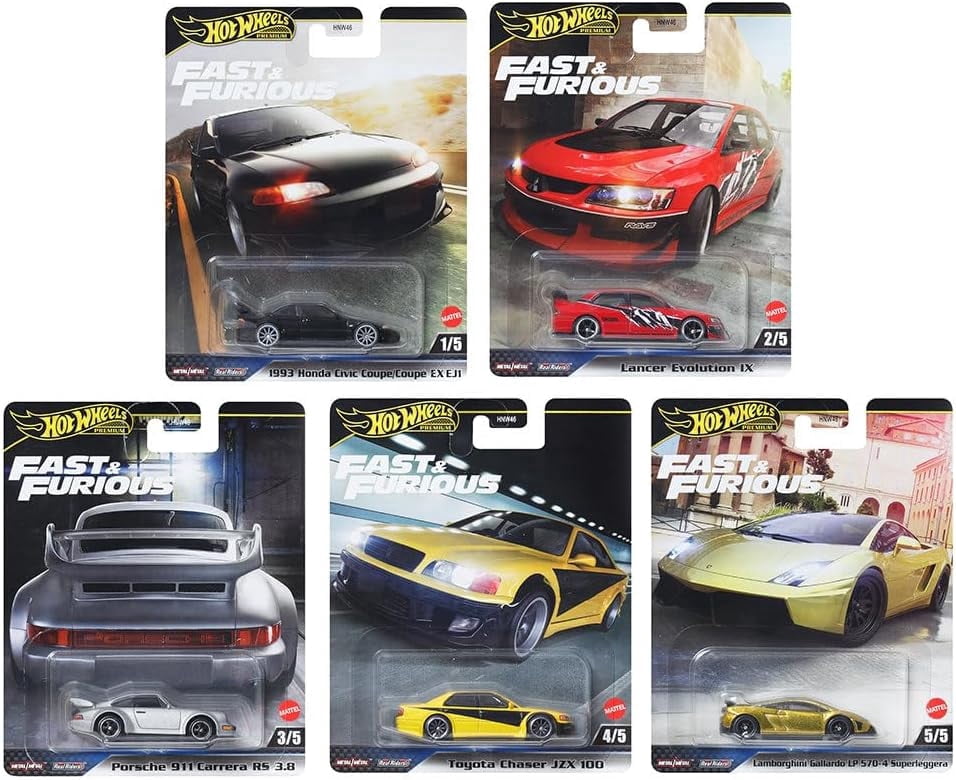 Hot Wheels Premium Fast & Furious Die-Cast Cars, Set of 5, Civic Coupe, Lancer Evo IX, 911 RS 3.8, Toyota Chaser, Gallardo 570-4, 1:64 Scale, Metal HNW46-956M