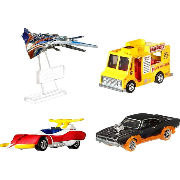 Hot Wheels Premium Ghost Rider Charger, Deadpool Chimichanga Truck, Spider machine GP-7 & Milano Die Cast Car 4-Pack