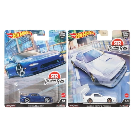 Hot Wheels Premium Ronin Run Mazda RX7 Set, '95 Blue and FC Pandem White, Die-Cast Metal Cars, 1/5 and 5/5