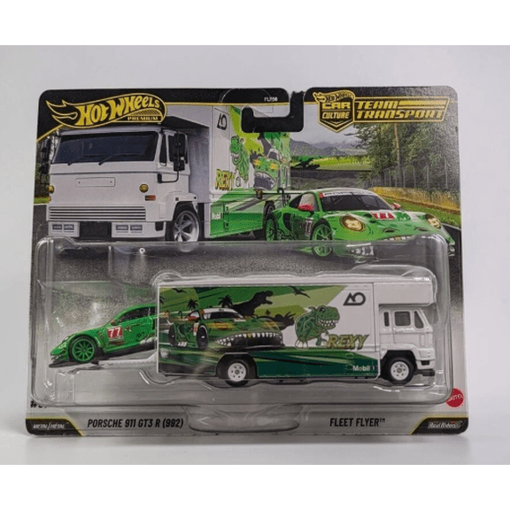 Hot Wheels Premium Team Transport Porsche 911 GT3 R (992) REXY with Fleet Flyer, 1:64 Scale Die-Cast Car & Transporter Set