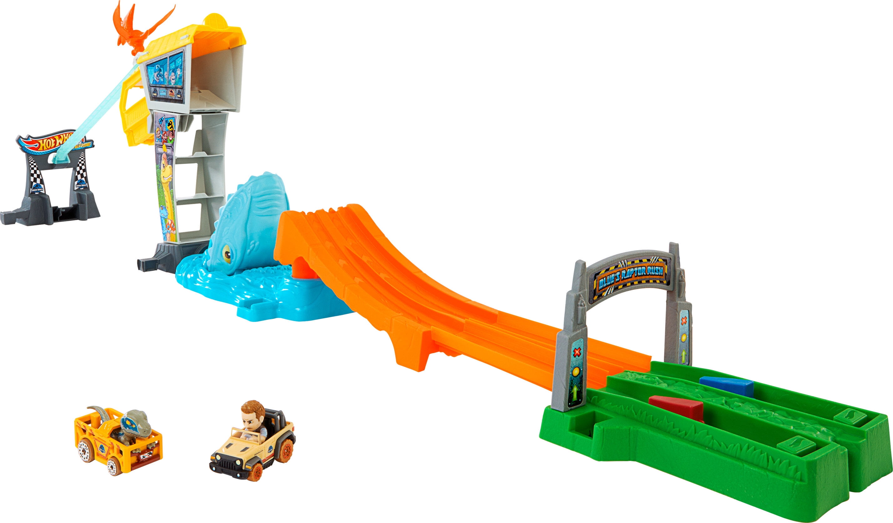Hot Wheels Racer Verse Jurassic World Blues Raptor Rush Track Vehicle Playsets, 3 Pieces