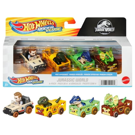 Hot Wheels RacerVerse, Set of 4 Car & Truck Play Vehicles with Jurassic World Characters as Drivers