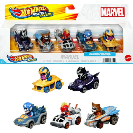 Hot Wheels RacerVerse, Set of 5 Die-Cast Hot Wheels Cars with Marvel Characters as Drivers