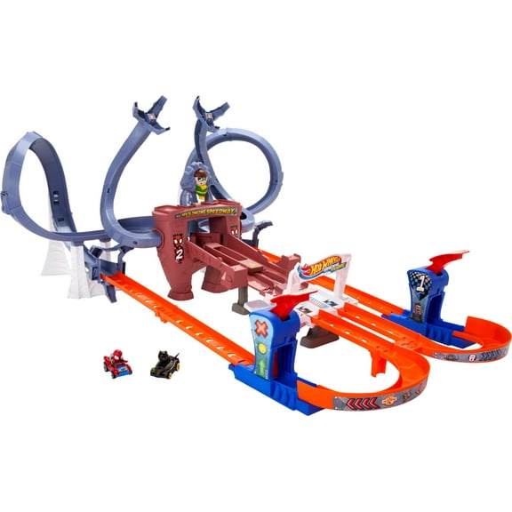 Hot Wheels RacerVerse Spider-Man’s Web-Slinging Speedway Track Set with 2 Hot Wheels Racers