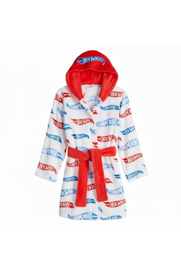 Racing Cars Boy's Cozy Soft Fleece Hooded Print Bathrobe, Robe, Size 8