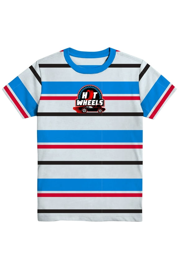 Hot Wheels Red, Boys Graphic Crew Neck Short Sleeve Embroidered Striped Tee, Sizes 4-18