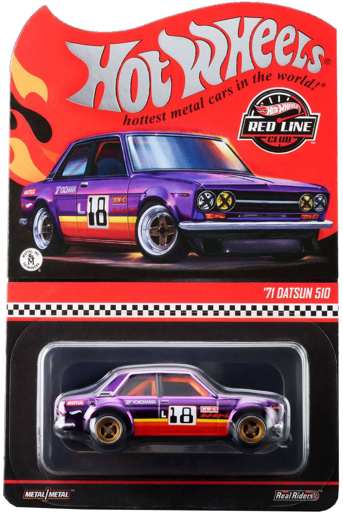 Hot Wheels RLC '71 Datsun 510, Spectraflame Purple, 1:64 Scale Die-Cast Metal Car with Opening Hood, Real Riders Gold Wheels, Exclusive Collectible