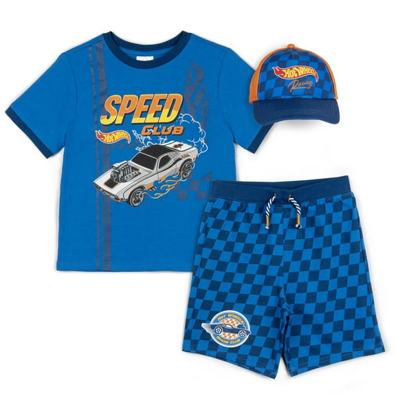 Hot Wheels Ringer T-Shirt, French Terry Shorts and Hat 3 Piece Outfit Set Toddler to Big Kid
