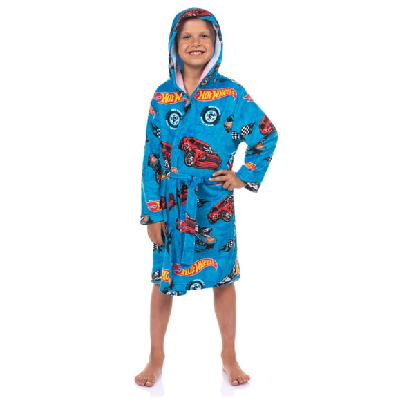 Hot Wheels Robe Boys' Soft Fleece Hooded Bathrobe w/ Tie-Closure For Kids